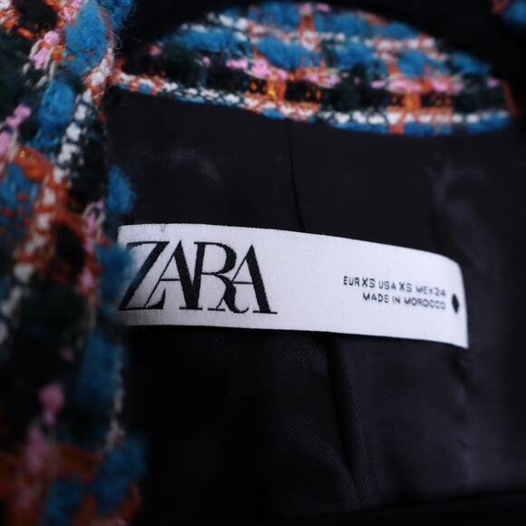 ZARA Tweed Textured Fitted Blazer Multicolor Frayed Trim Gold Button Women's XS - Picture 11 of 14